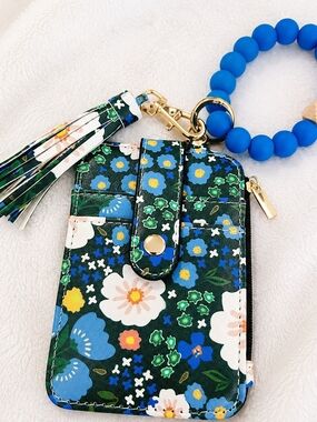 Floral Wristlet Card Holder Wallet Keychain Blue Silicone Bead Bracelet